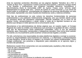 Colegio de Periodistas se pronuncia tras publicaciones homofóbicas de páginas digitales en Facebook