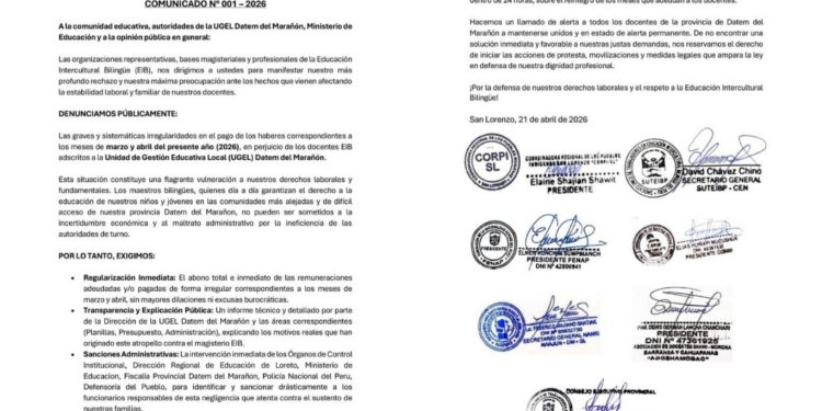 Docentes EIB del Datem del Marañón denuncian retrasos en pagos y dan ultimátum a la UGEL