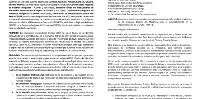 Pueblos indígenas exigen inmediata implementación de UGEL Intercultural