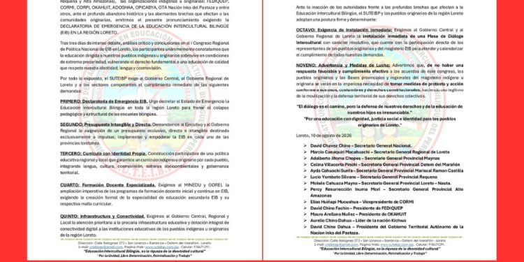Organizaciones indígenas y SUTEIBP exigen emergencia para la educación bilingüe en Loreto